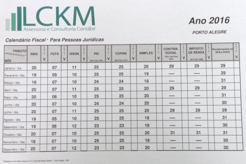 Agenda dos tributos de 2016 POA